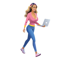 Young woman walks with computer in hand-