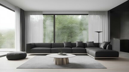 Obraz premium Minimalist interior design of modern living room, home. Black leather sofa in spacious room in villa in forest. generative AI