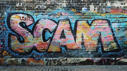 Fototapeta premium An artistic representation of a SCAM sign made with graffitistyle lettering, colorful and vibrant, sprayed onto a brick wall in an urban setting