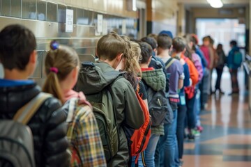 A long line of students eagerly waiting to order lunch at a school cafeteria, A long line of students eagerly waiting to order lunch at a school cafeteria