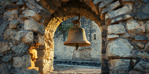 Obraz premium Bell hanging in archway of stone building