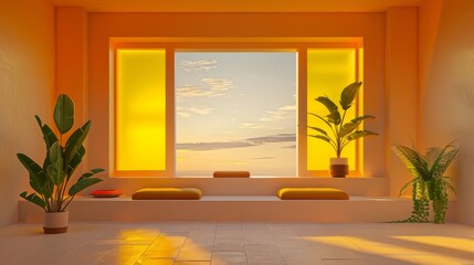 Minimalist interior with yellow windows at sunset hyper realistic 