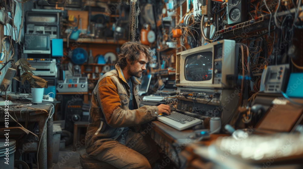 Poster focused caucasian male engineer programming in a cluttered electronics workshop