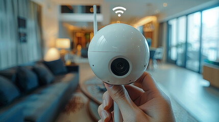 Close-Up View of Hand Holding Modern Wi-Fi Surveillance Camera in Stylish Interior