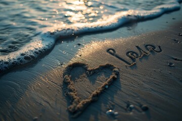 A heart shape drawn in the sand on a beach, created with thoughtful strokes near the shoreline, A love note written in the sand on a beach