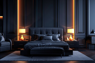 Modern bedroom interior at night time with lamp lights