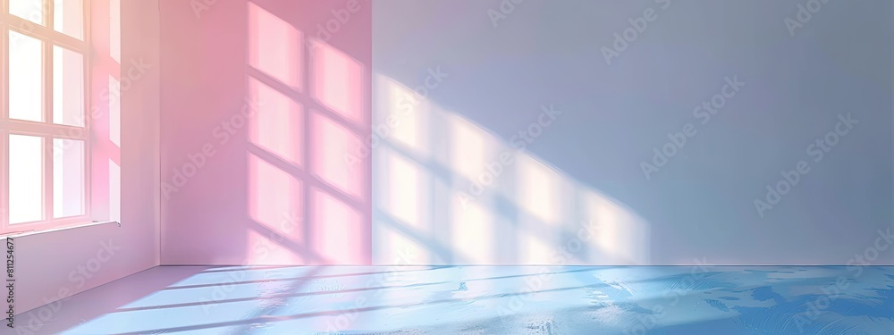 Poster minimalistic abstract pastel background with shadow and light from windows, product presentation con