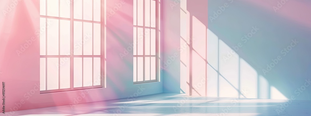 Poster minimalistic abstract pastel background with shadow and light from windows, product presentation con