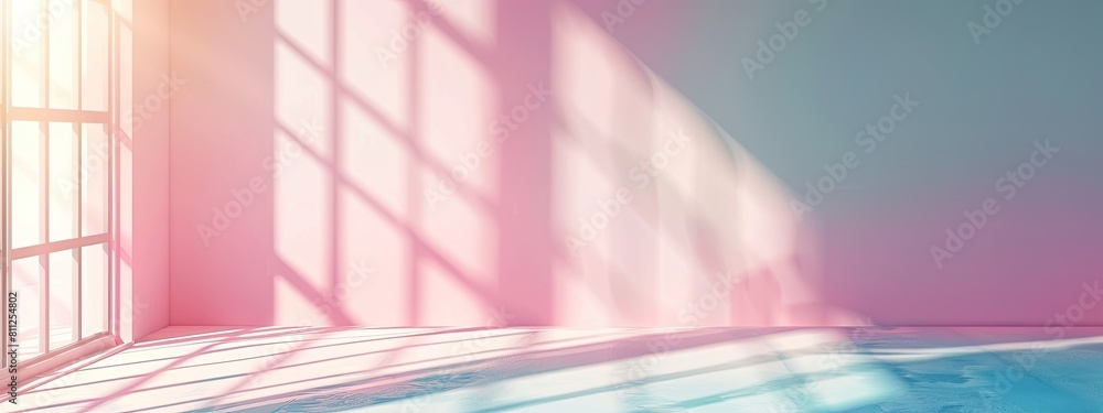 Poster minimalistic abstract pastel background with shadow and light from windows, product presentation con