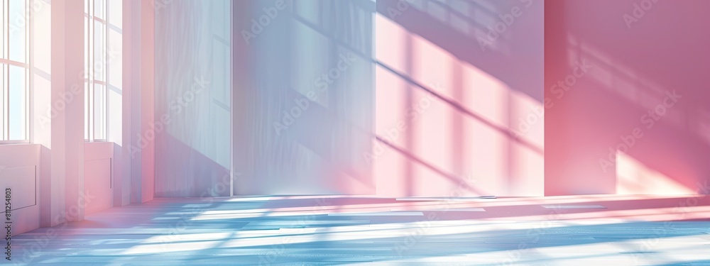 Poster minimalistic abstract pastel background with shadow and light from windows, product presentation con