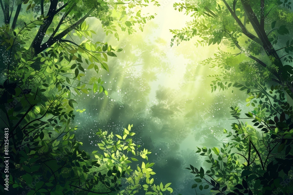 Poster a painting showcasing a dense forest filled with numerous trees and sunlight filtering through the c