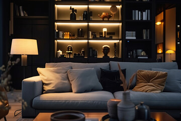 Stylish sofa in living room at night time with lamp lights