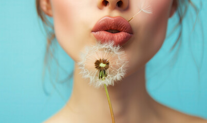Close up detail woman mouth lips blowing on end spring dandelion flower, pastel blue background.