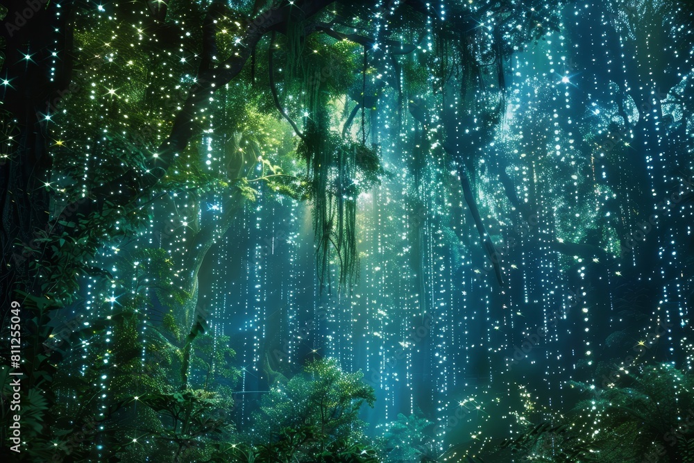 Poster a forest filled with abundant green trees under a shimmering starlit canopy, a lush forest under a c