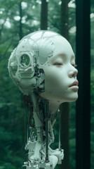 free space on the left corner for title banner with FOREST BACKGROUND minimal robotic head,