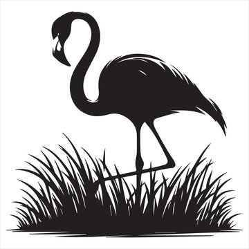 recommend clip art: A flamingo standing in the grass in black and white silhouette on white background