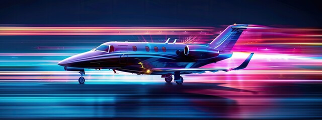 Naklejka premium modern airplane with speed light effect, space for text. high tech transportation. Fast trip. Travel banner