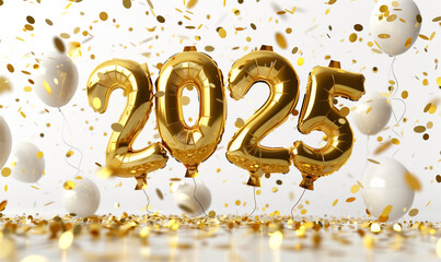 Happy New Year 2025 celebration 3D design text title inscription in golden balloon shape with flying confetti around, modern white background.