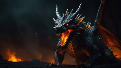 A dragon with fiery orange eyes and a menacing red glow, surrounded by darkness and flames Generate ai