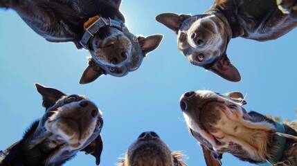 Wide angle view of dogs looking at camera outdoor