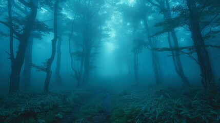 Obraz premium Mystical Morning in Aokigahara Forest: Ethereal Fog Amongst Serene Trees