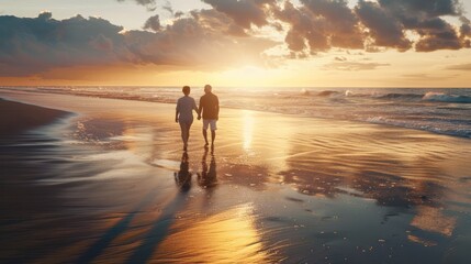 Plan life insurance of happy retirement concepts. Senior couple walking on the beach holding hands at beach sunrise in evening. hyper realistic 