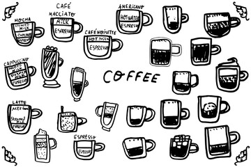 Coffee time doodle hand drawn sketch.  Hand drawn set. Vector graphics elements 