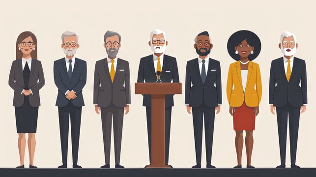 Senior Political Leaders in Suits Gather for a Press Conference, Depicting Authority and Unity