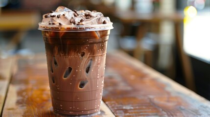 Iced Mocha coffee in a plastic cup on a wooden table at the cafe with room for text