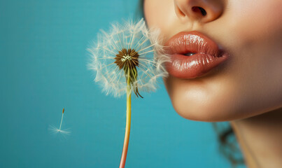 Close up detail woman mouth lips blowing on end spring dandelion flower, pastel blue background.