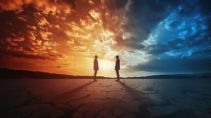 An illustration of a conflict mediation concept, depicting a professional mediator facilitating a settlement and peace agreement process between two opposing parties to resolve a dispute.