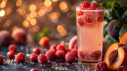 A refreshing sparkling raspberry cocktail, adorned with fresh raspberries and peaches, set against...