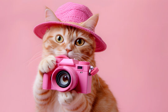 Cute funny cat holding pink camera and wearing hat for travel isolated on background.