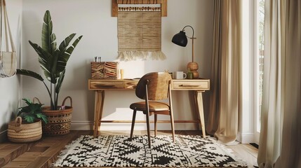 Cozy Southwestern office space with a pine desk, woven leather chair, and patterned curtains A wool rug and floor lamp create a calming work environment