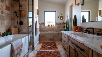 Eclectic Southwestern bathroom featuring a floating vanity, talavera tiles, and desert plants Warmtoned towels and a geometric mirror create harmony