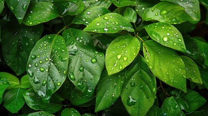 Imagine the serene beauty of dew kissed green leaves in a lush rainforest glistening like precious gems under a gentle shower The vibrant wet foliage of a garden post rain paints a natural 