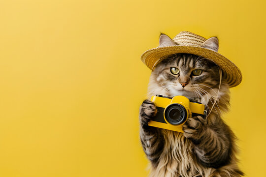 Cute funny cat holding camera and wearing hat for travel isolated on background.