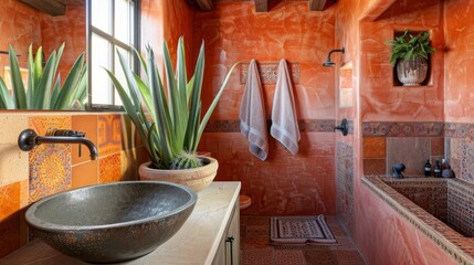 Contemporary Southwestern bathroom featuring a floating vanity, copper sink, and desert plants Warmtoned towels and talavera tiles create a refreshing atmosphere