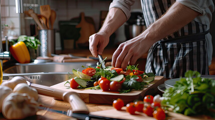 A man in a home kitchen focuses on cutting vegetables for a fresh salad on a wooden chopping board.