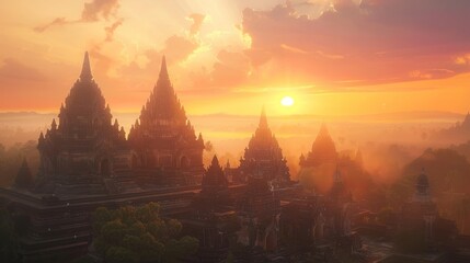 Sunset view of Prambanan Temple, one of the largest Hindu temples in Java Indonesia. 4K, UHD hyper...