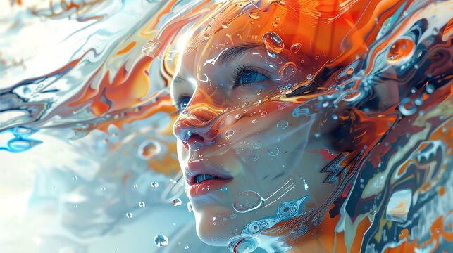 Photo of a woman's face half-submerged in water, her expression is one of calm and serenity. The water is crystal clear.