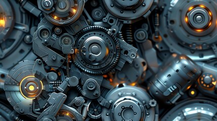 A closeup of a complex machine with many gears and cogs. The machine is made of metal and has a steampunk aesthetic. - obrazy, fototapety, plakaty