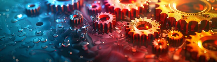 A bunch of gears in blue, green, yellow, orange and red colors. - obrazy, fototapety, plakaty