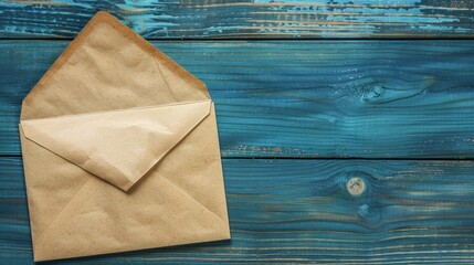 An open brown envelope with letter on a blue wooden desk top background