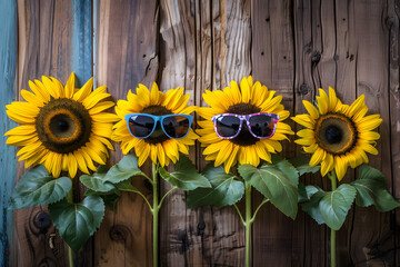 Sunflower wearing sunglasses on wooden background.