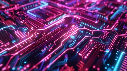 Obraz premium Neon circuitry patterns pulse with calming rhythms, futuristic tech vibe Birds eye view, high contrast, LEDlike glow