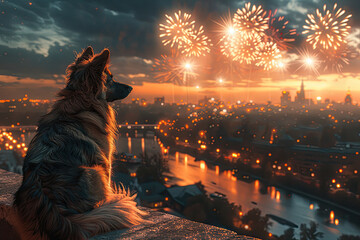 Dog seeing fireworks. Create with Ai