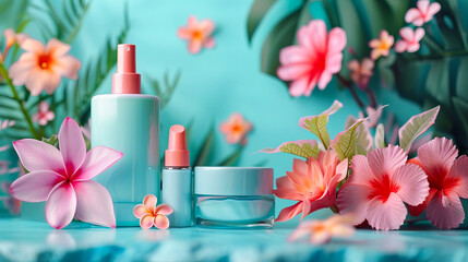 Cosmetics and flowers on a blue background.