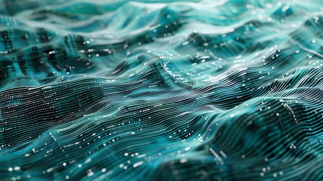 Gentle ripples of binary codes flow gracefully Birds eye view, muted greys and turquoise hues create a serene digital stream