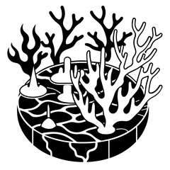 Dying coral reefs due to ocean heat stress linocut flat style black and white cartoon
